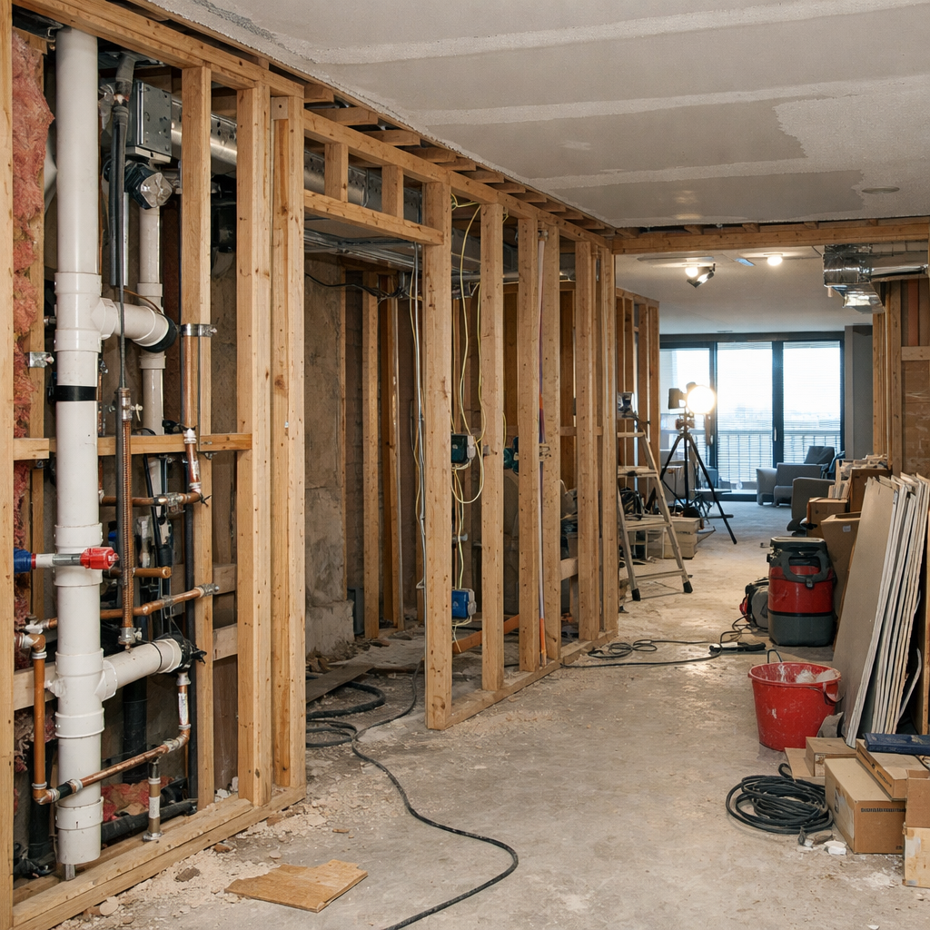 image of condo renovation in progress framed walls or exposed plumbing here