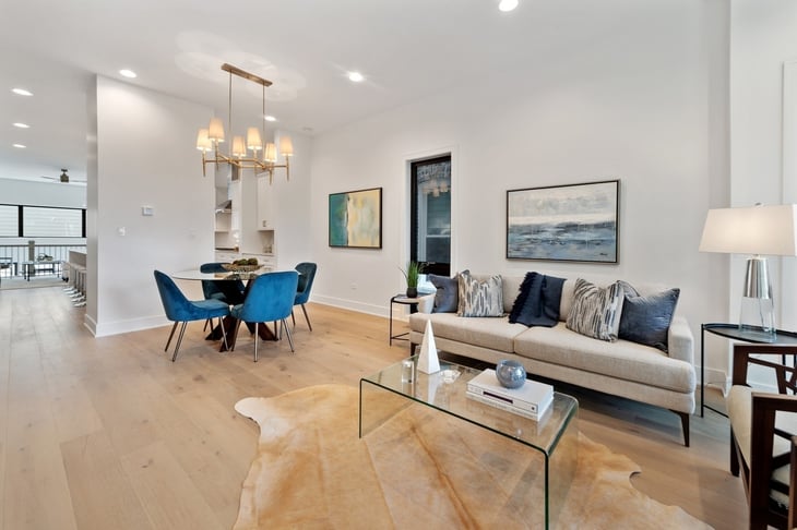 Living and dining room at a Quality Builders single-family project in Logan Square